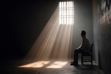 A solitary man sits in the dim light of a prison cell, his silhouette a poignant symbol of confinement and isolation