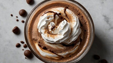 Hot Chocolate Drink with Whipped Cream and Chocolate Drizzle Close Up