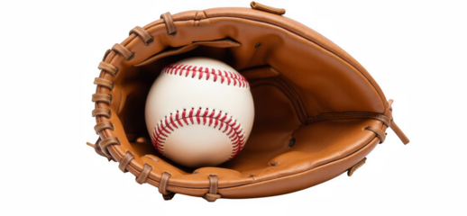 Baseball resting inside brown leather glove, showcasing intricate stitching and texture of glove. scene evokes sense of nostalgia and passion