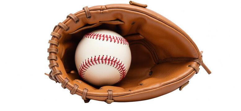 Baseball resting inside brown leather glove, showcasing intricate stitching and texture of glove. scene evokes sense of nostalgia and passion