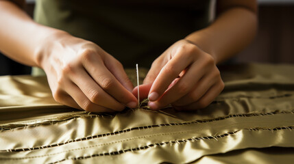 Close-up of Hands Expertly Stitching Fabric with Needle and Thread,