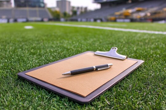Hollow clipboard on football field , ready for strategic planning and game notes .