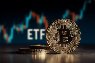 Bitcoin ETF Launch Symbolized by Close - Up of Bitcoin Coin with ETF Market Graph