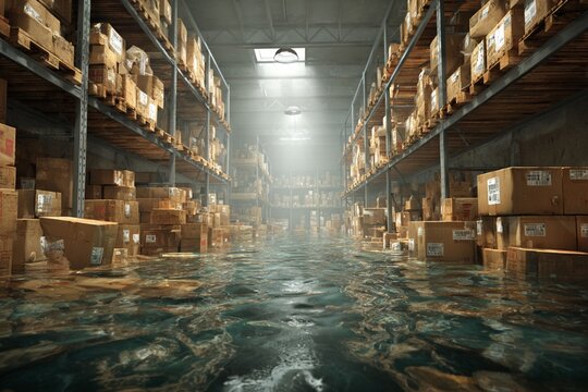 Inundated warehouse with waterlogged boxes and shelves , illustrating disaster 's impact on storage facilities .