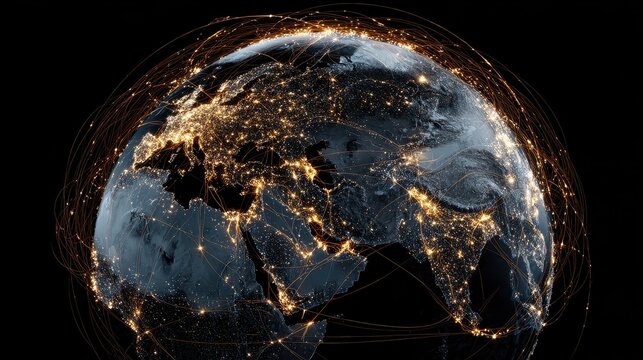 Digital globe with connected trade routes, global network, world trade. 