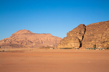 Panoramic view of rock formation at Wadi Rum, Jordan
