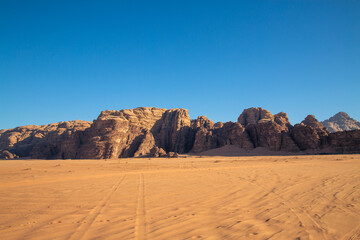 Panoramic view of rock formation at Wadi Rum, Jordan