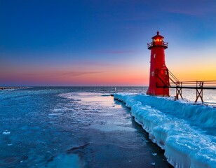 the holland harbor south pierhead lighthouse also known as big red stands guard on the icy shore of lake michigan at twilight