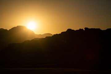 Panoramic view of rock formation during sunset at Wadi Rum, Jordan