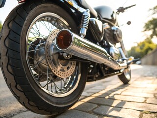Close-up of motorcycle rear wheel, chrome exhaust, and tire tread with soft background blur and natural daylight.