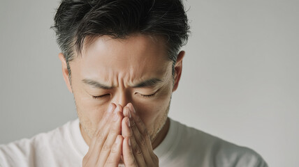 四十代の日本人の男性が鼻炎の不快感で鼻を抑える