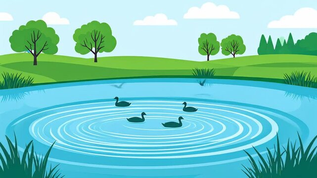 Animated Pond Scene with Swans, Trees, Birds, and Ripples in Water