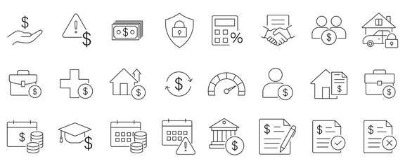 Loan and financing line icon set. Includes approval, interest rate, repayment, mortgage, agreement, penalty, rejection, calculator, credit score and credit score. Vector illustration.