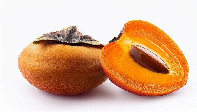 ripe diospyros decandra fruit with cut in half isolated on white