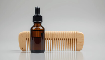 Brown bottle with dropper next to a wooden comb on a light gray surface in a studio setting