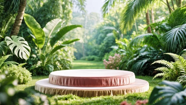 Elegant Beige Display Stand Surrounded by Lush Greenery