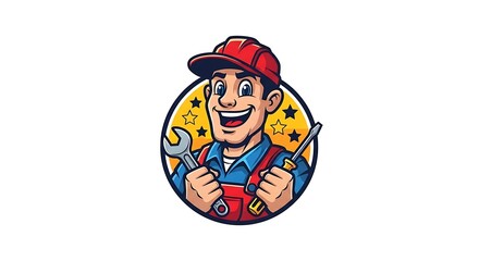 Naklejka premium Cartoon Handyman Emblem Vector – Smiling Repairman with Tools Logo