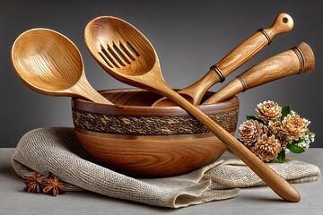 Wooden cooking utensils in bowl high resolution photo