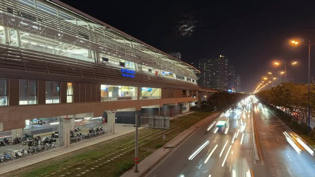 4K Time-lapse of Traffic, Landmark 81 , Thao Dien Metro In Ho Chi Minh city, Vietnam.
the dynamic flow of countless motorbikes and cars navigating the bustling streets.