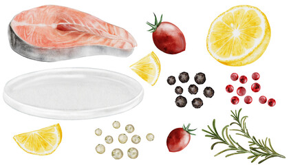 Salmon fillet watercolor set. Hand drawn red fish steak on white background. Food clip art. Ideal for farm fish packaging design, restaurant menus and culinary blogs