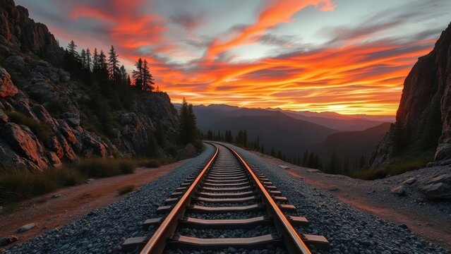 A dramatic sunset view of the winding railway stretching into the distance, flanked by rocky cliffs - Powered by Adobe