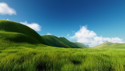 Fototapeta premium 3d render grassland mountains in early summer with clear sky and white cloud use for product display showcase mockup or etc