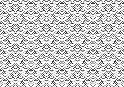 Black and white Japanese Seigaiha pattern in a repeating geometric layout, ideal for cultural, minimal, or decorative use. Curved wave-like lines in a classic oriental style, great for wrapping