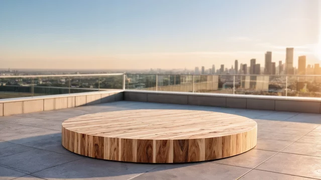 Minimal Wood Display Stand with Urban Skyline and Warm Light
