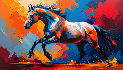 Vibrant Abstract Oil Painting Depicting a Majestic Horse in Motion – Expressive Brushstrokes and Bold Colors on Canvas