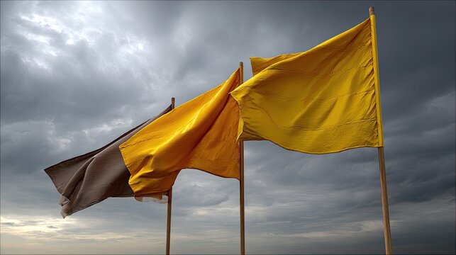 Cricket boundary flags flapping in the wind under stormy skies side-lit from natural overcast conditions with diffuse saturated earth