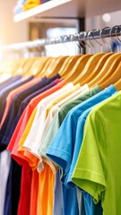 Colorful t shirts hanging on hangers in a clothing store