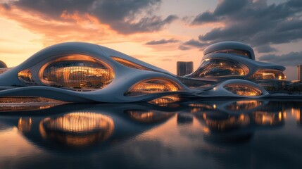Obraz premium Modern, organic architecture reflects in water at sunset