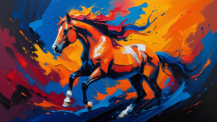 Vibrant Abstract Oil Painting Depicting a Majestic Horse in Motion – Expressive Brushstrokes and Bold Colors on Canvas