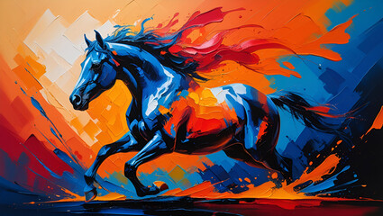 Vibrant Abstract Oil Painting Depicting a Majestic Horse in Motion – Expressive Brushstrokes and Bold Colors on Canvas