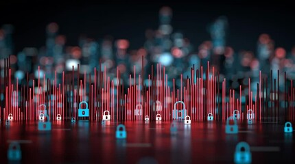 Network security architect. Digital cityscape with red and blue bars and padlocks, symbolizing data security in a connected urban environment. - Powered by Adobe