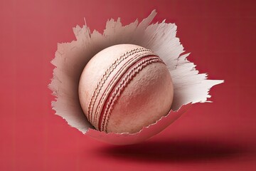 Cricket ball slicing paper banner with freeze-frame paper tears and fiber texture harsh front lighting with motion trail crimson