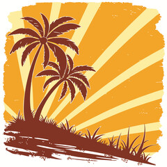 A vibrant tropical beach vector illustration featuring palm tree silhouettes against a warm orange-yellow gradient background with sun rays and painterly brushstroke textures