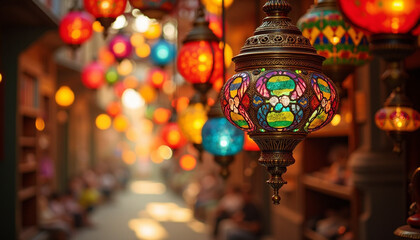 Fototapeta premium Ornate Stained Glass Lantern Illuminating a Vibrant Cultural Bazaar Atmosphere
