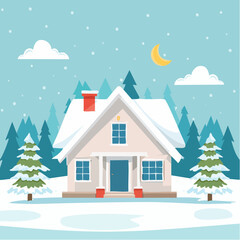 Snow-covered cottage in a serene winter scene