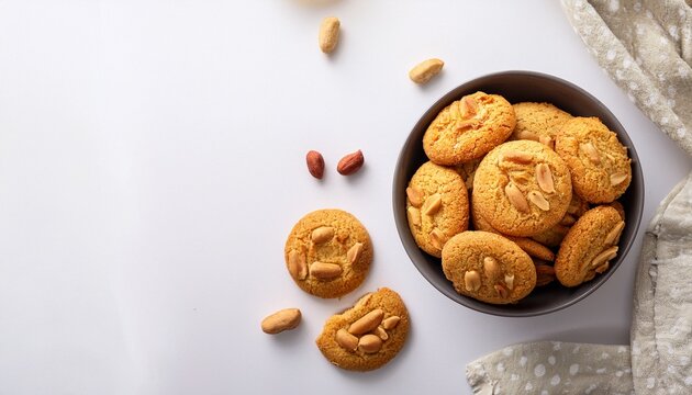 peanut cookies in a bowl on table overhead view of homemade pastry on white background with copy space