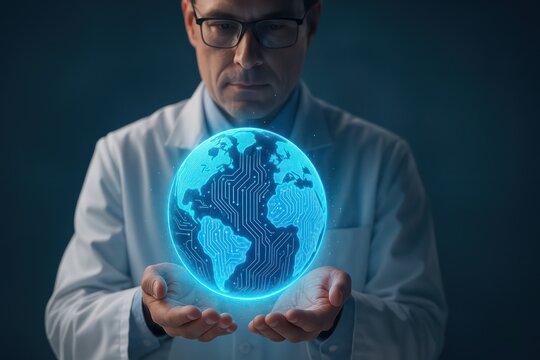 A focused scientist cradles a glowing globe, symbolizing global connectivity and research in a visually engaging composition.
