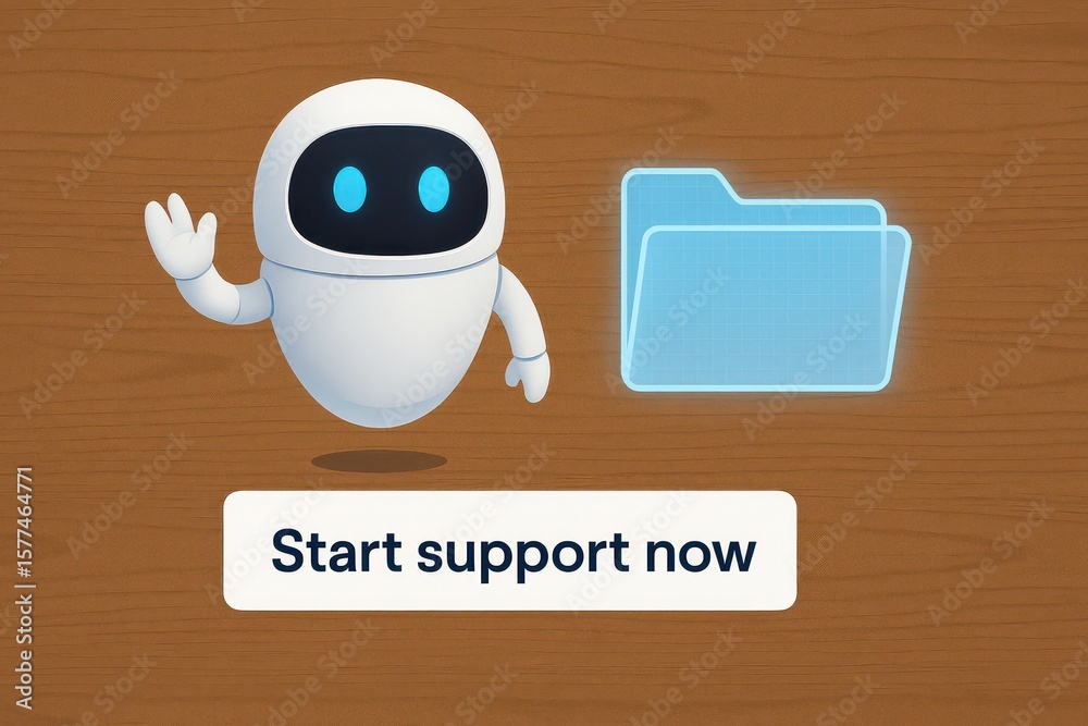 Poster a helpful robot stands with a folder, gesturing to the start support now button, creating an engagin
