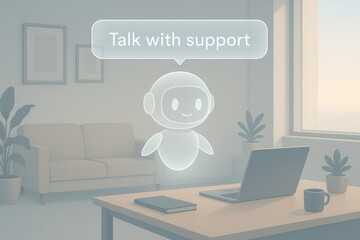 A futuristic and transparent chatbot, seemingly made of light, hovers gently above a workspace and invites conversation. The digital assistant stands ready to assist.