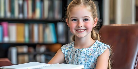 Happy Girl Studying in Library, Bookshelf Background