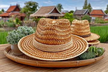 Traditional straw hats on bamboo table high resolution photo