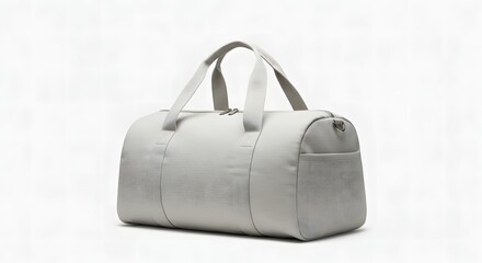 A light grey duffel bag, spacious and subtly designed, sits against a plain white background.
