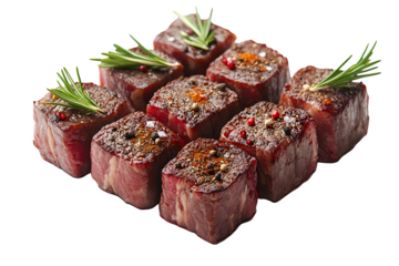 Grilled beef fillet steaks mignon with spices on white background