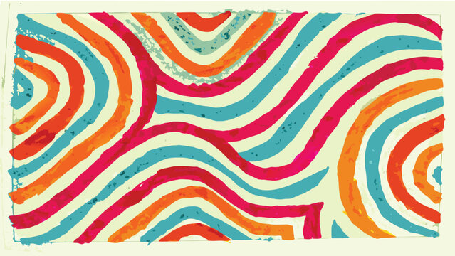 A colorful abstract painting with wavy lines in orange pink and blue on a light background style art