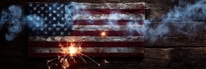Vintage American Flag With Sparklers And Smoke On Rustic Wooden Background - Independence Day Celebration Concept