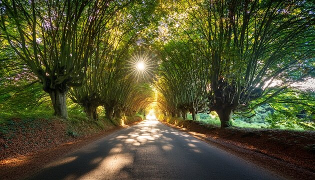 halnaker tree tunnel in west sussex uk with sunlight shining in this is an ancient road which follows the route of stane street the old london to chichester road